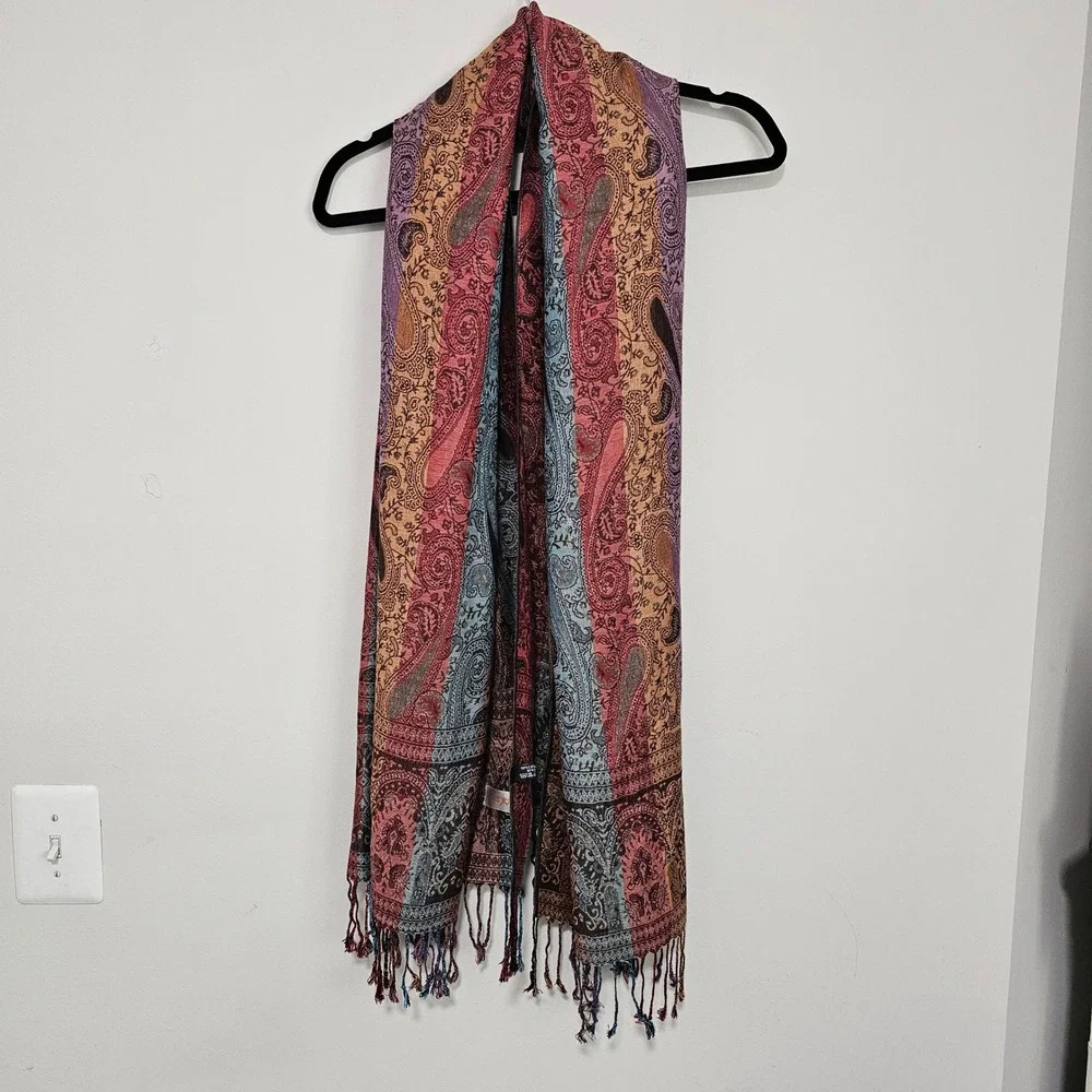 Pashmina Cashmere Silk Scarf Paisley Fringe Shawl 70x28 Arsty Old Money Evening